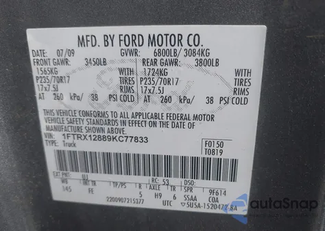 2009 Ford F-150 Stx/Xl/Xlt из США, поврежденный, VIN 1FTRX12889KC77833